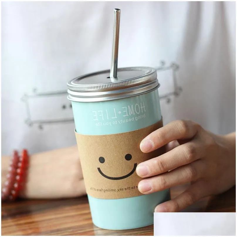 480ml smile face korea creative straw glass mug insulation cup ceramic mason cup a bottle of juice summer cups 20211221