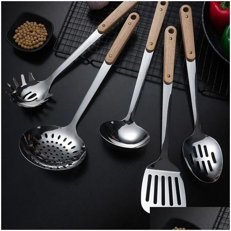 stainless steel spoon spatula portable durable wooden utensil fork kitchen cooking soup spoons kitchen fry shovels colander 77 m2