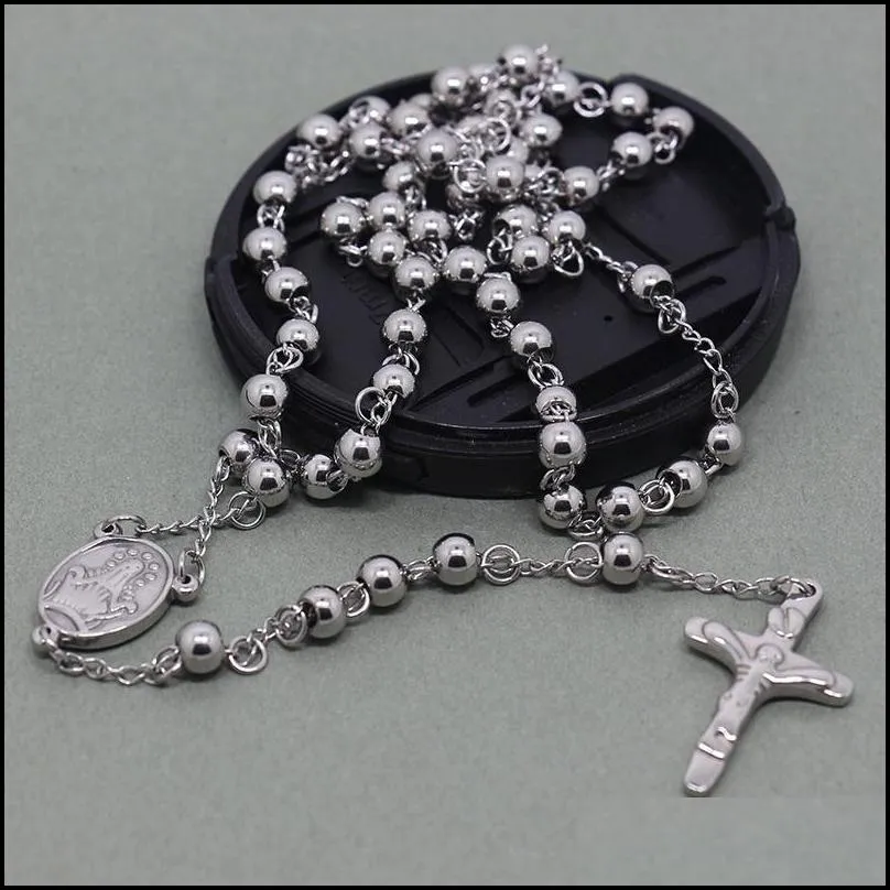 6mm catholic rosary beads chain necklace cross stainless steel necklace men jewelry or women long chain necklace for christmas gift