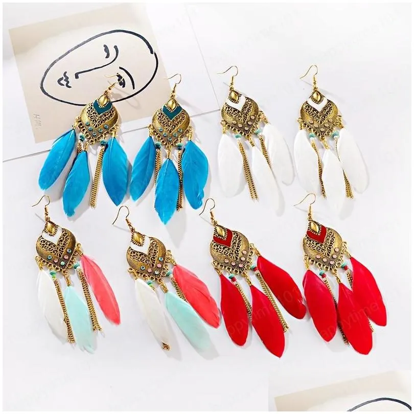  fashion womens feather long metal chain tassel earrings boho ethnic geometric hollw dangle earring jewelry