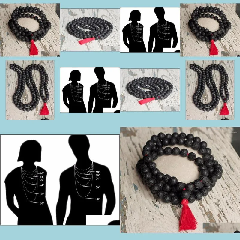 108 mala bead natural 6mm lava stone buddha necklace spiritual jewelry long tassel black knotted