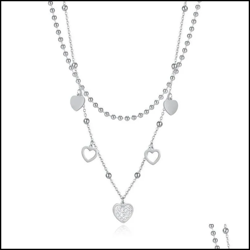 lovely sweet heart chart necklace double layer stainless steel round beads womens jewelry gift