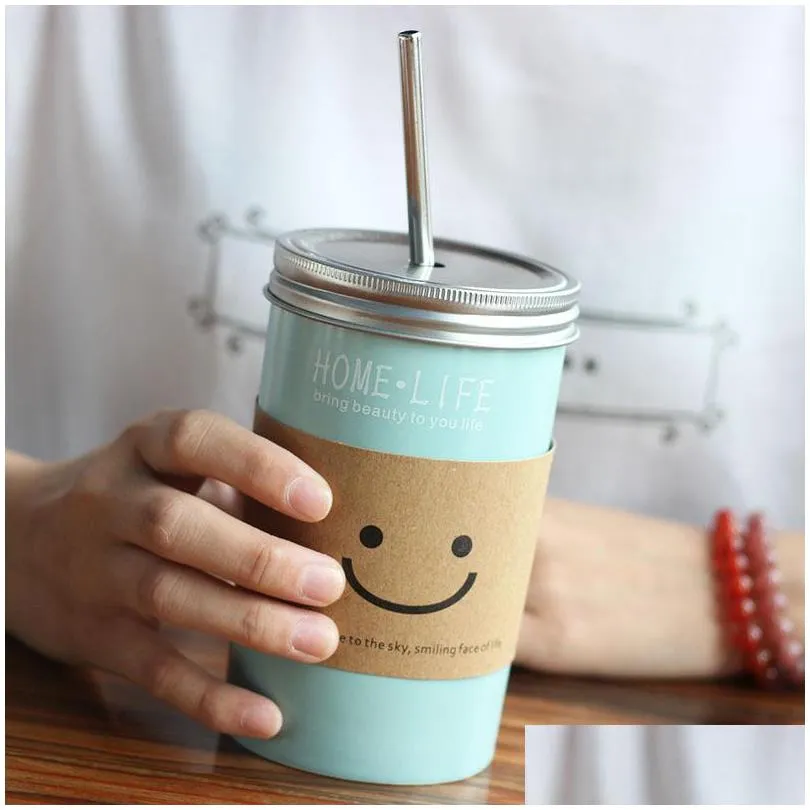 480ml smile face korea creative straw glass mug insulation cup ceramic mason cup a bottle of juice summer cups 20211221