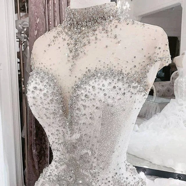 2023 Luxury Mermaid Wedding Dresses Arabic Illusion High Neck Crystal Beads Ruffles Tiered Organza Cap Sleeves Plus Size Custom Bridal Gowns Hollow Back