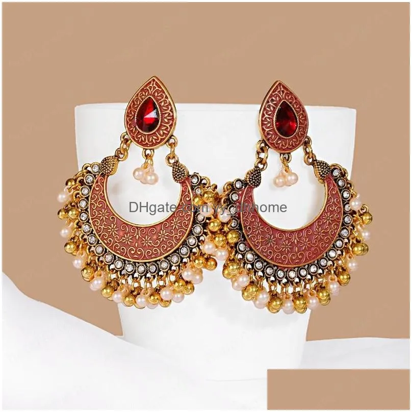 ethnic retro green sector carved jhumka dangle earrings for women indian jewelry pearl tassel earring