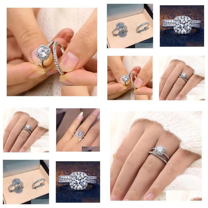 2pcs/set rings for women couple cubic zirconia square ring lovers jewelry bridal wedding engagement romantic jewellry gift