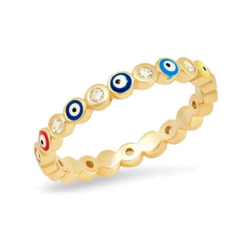 bohemian rainbow evil eye rhinestone filled gold rings with side stones vintage ladies finger ring jewelry for women in bulk