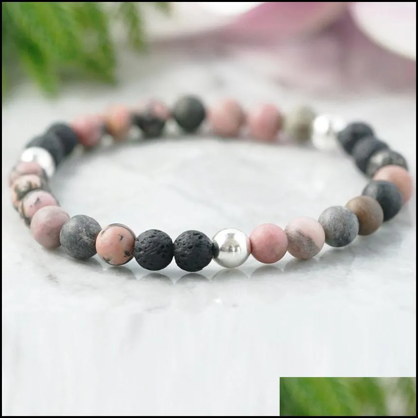 6mm pink rhodochrosite diffuser bracelet  oil aromatherapy jewelry heart chakra lava rock bracelet