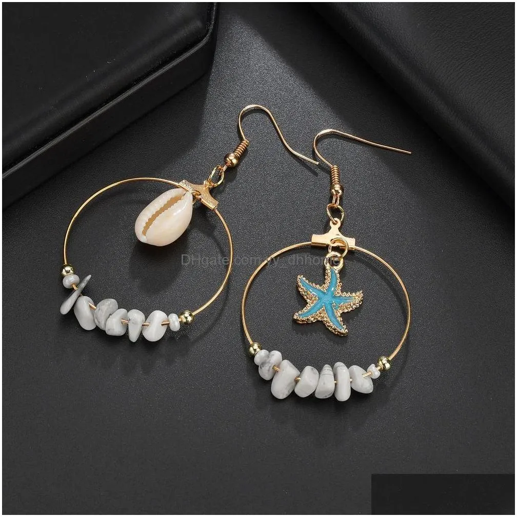 fashion european american natural shell starfish earrings high quality asymmetrical round circle dangle earrings for women