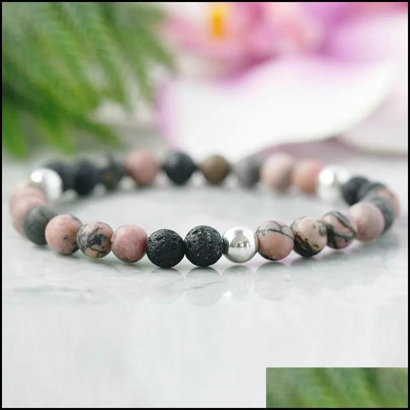 6mm pink rhodochrosite diffuser bracelet  oil aromatherapy jewelry heart chakra lava rock bracelet