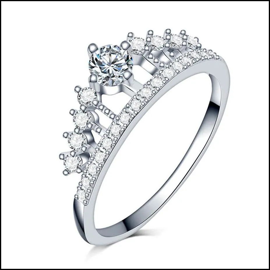 luxury full clear zircon stone princess queen 925 sterling silver crown diamond ring engagement cocktail alliance girls