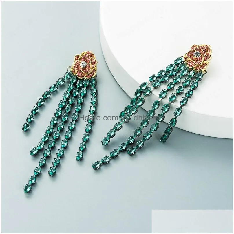 color crystal flower tassel earrings vintage flash rhinestone beaded long drop earrings girls party jewelry