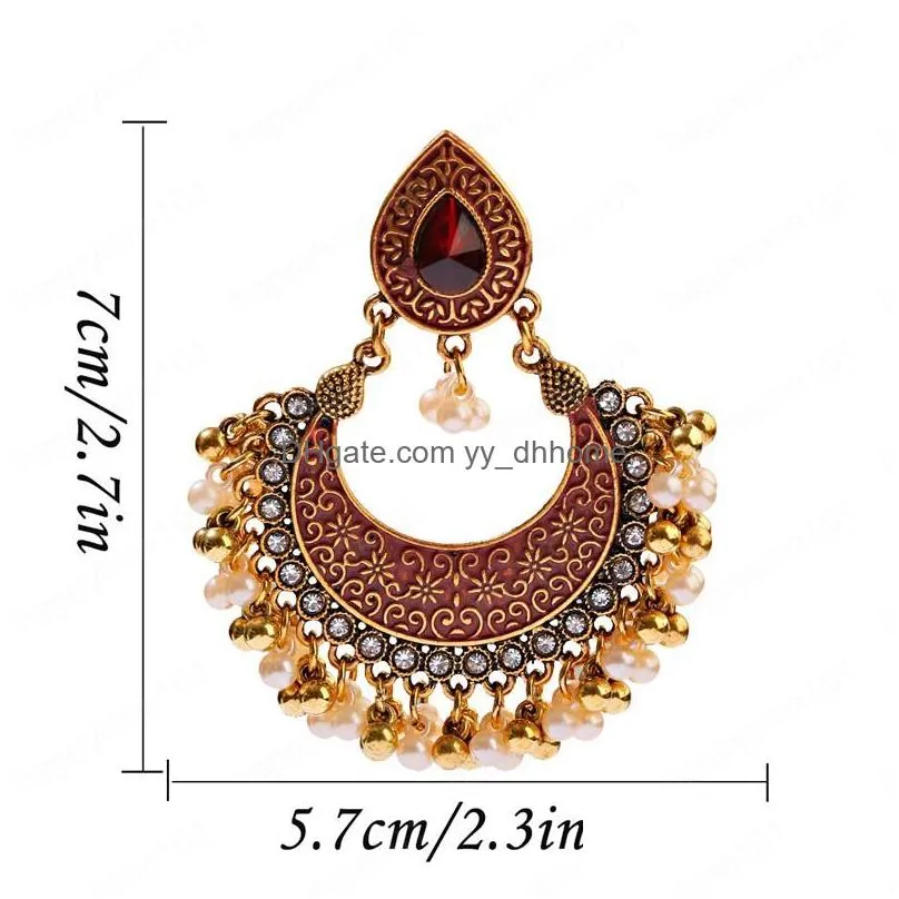 ethnic retro green sector carved jhumka dangle earrings for women indian jewelry pearl tassel earring