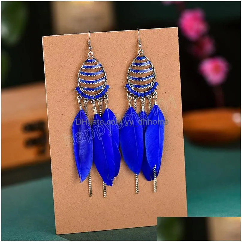 summer ethnic blue feather dangle earrings for women bohemian boho long chain earrings wedding bride jewelry oorbellen hangers