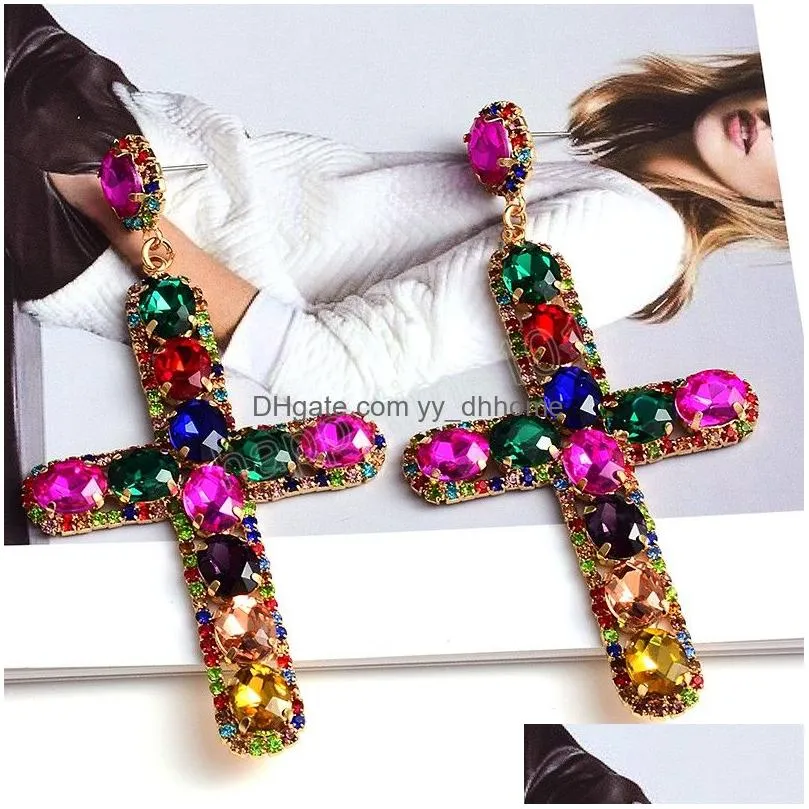 vintage long metal colorful crystal cross dangle earrings fashion diamonds pendant earring jewelry accessories for women