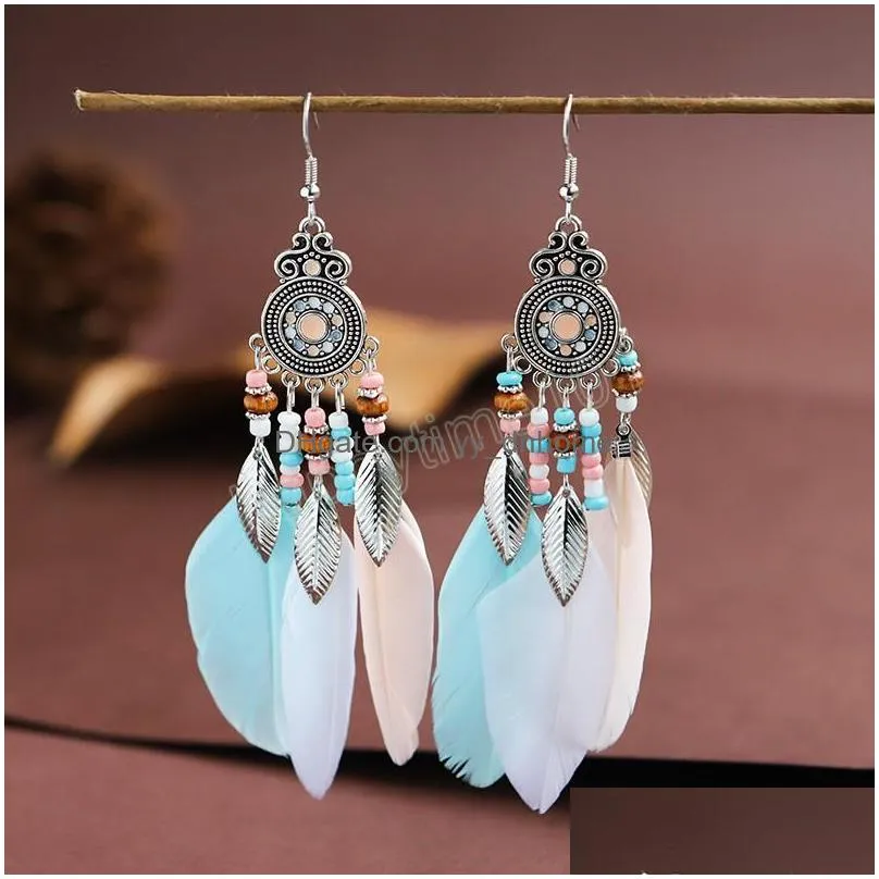 ethnic womens colorful pink feather dangle earrings bohemian boho jewelry silver color leaf earrings brincos bijoux