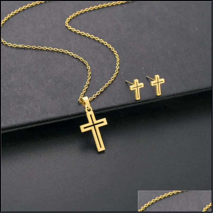 european and american stainless steel cross necklace earrings set for women