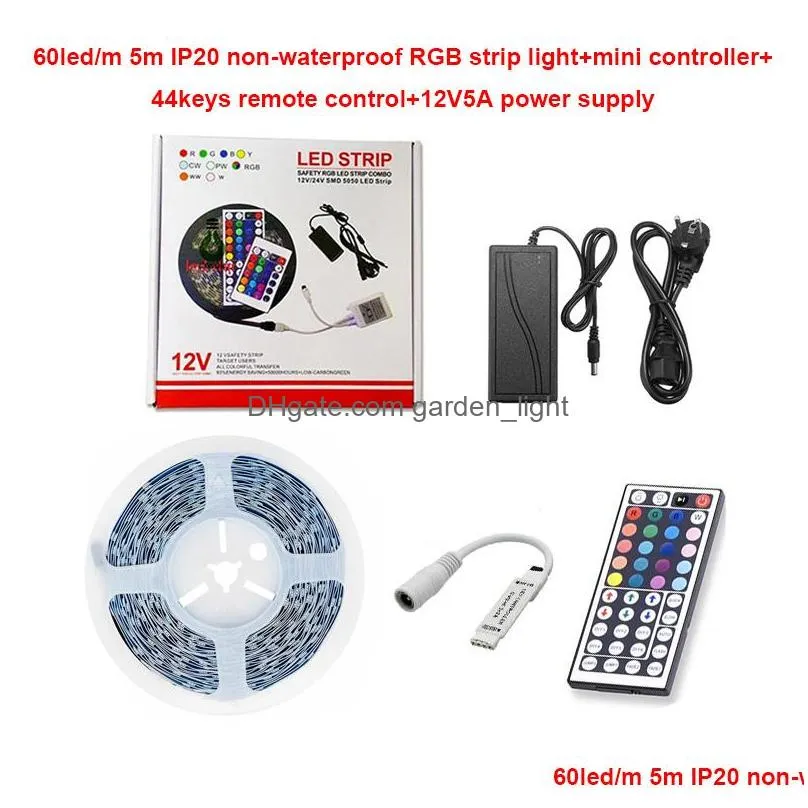 5050 60led led lights strip waterproof rgb 5m strip light 44key ir remote controller dc 12v power supply