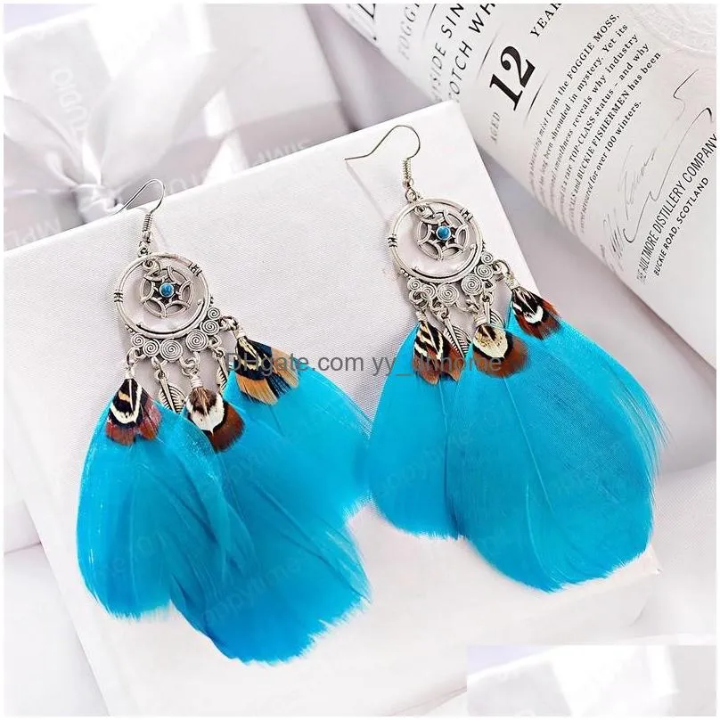 bohemia rose red feather dangle earring female jewelry fashion round alloy drop ethnic earrings for women