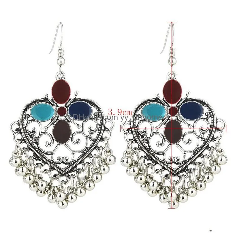 womens retro temperament heartshaped indian dangle earrings female ethnic hollow out metal ball tassel trend earring jhumka jewelry