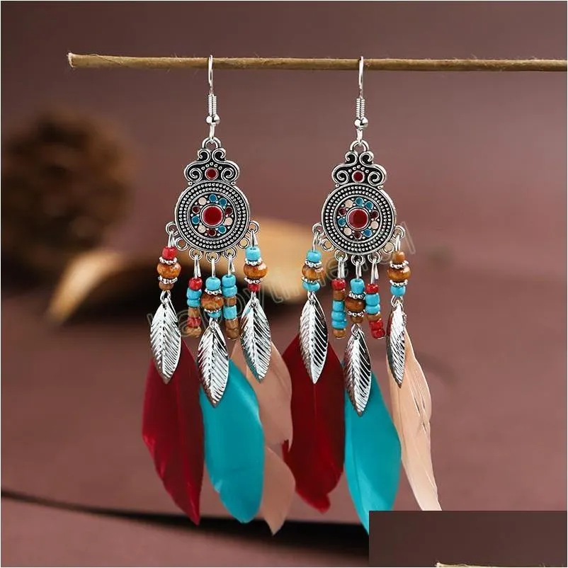 ethnic womens colorful pink feather dangle earrings bohemian boho jewelry silver color leaf earrings brincos bijoux