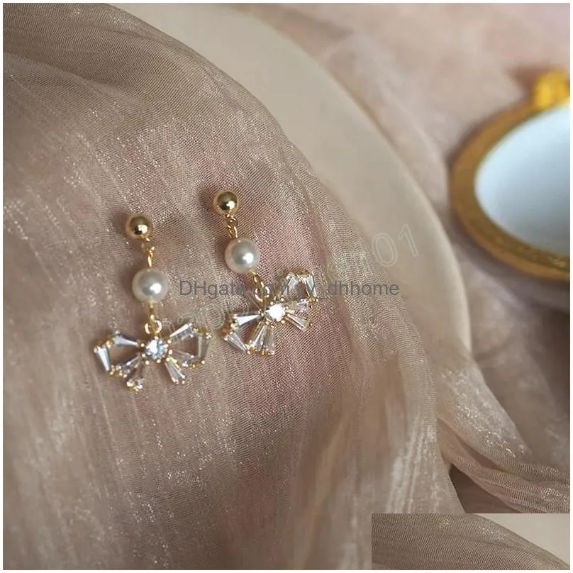 sweet and gentle temperament bow pearl dangle earrings for women korean fashion earring birthday party jewelry gifts