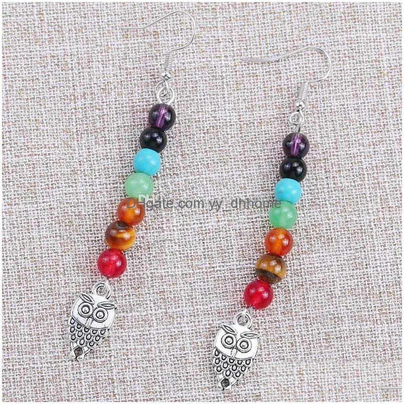 unique design 7 chakra natural stone lotus owl love pendant dangle earring for women girls fashion vintage yoga drop earring jewelry