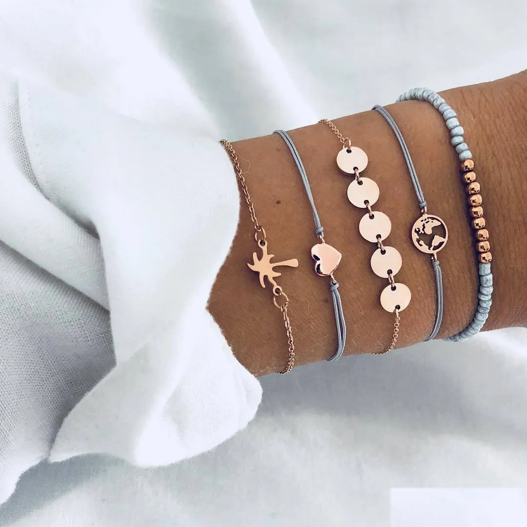 fashion bohemian turtle map beaded bracelet set women retro geometric love heart bracelet statement trend jewelry