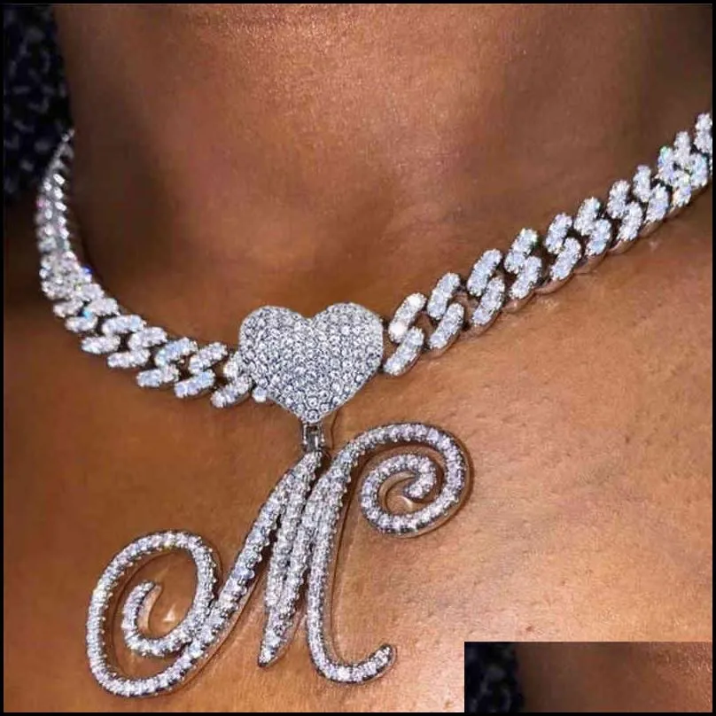 az cursive letter heart pendant iced out cuban necklace for women initial zircon link chain choker hip hop jewelry