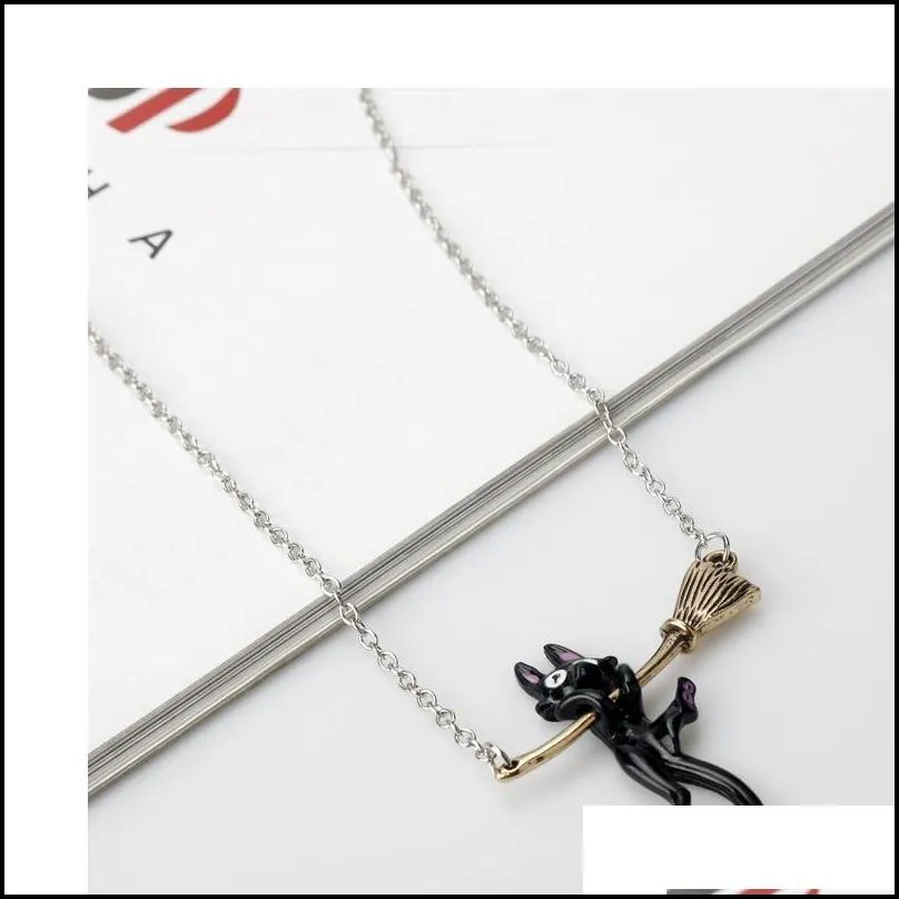 cat broom pendants fashion jewelry for women black hanging wand necklace witches