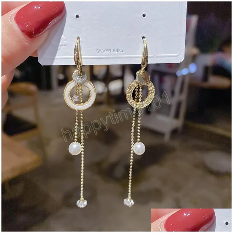 gold circle pearl studded tassel long dangle earrings for women asymmetric personality elegance luxurious korean fashion gifts