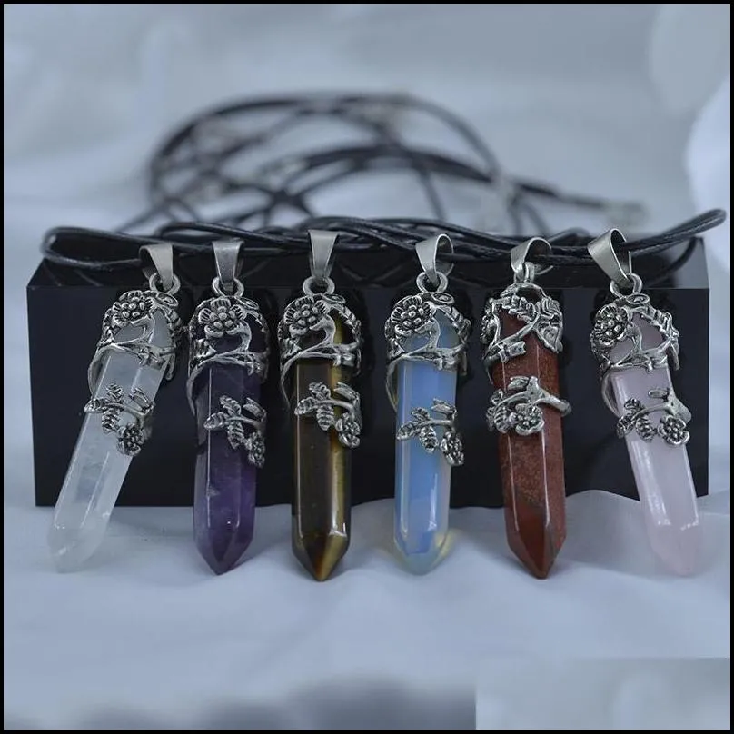 flower charm nature stone hexagon prism pendants amethyst opal quartz bullet crystal healing fashion jewelry for women men gift