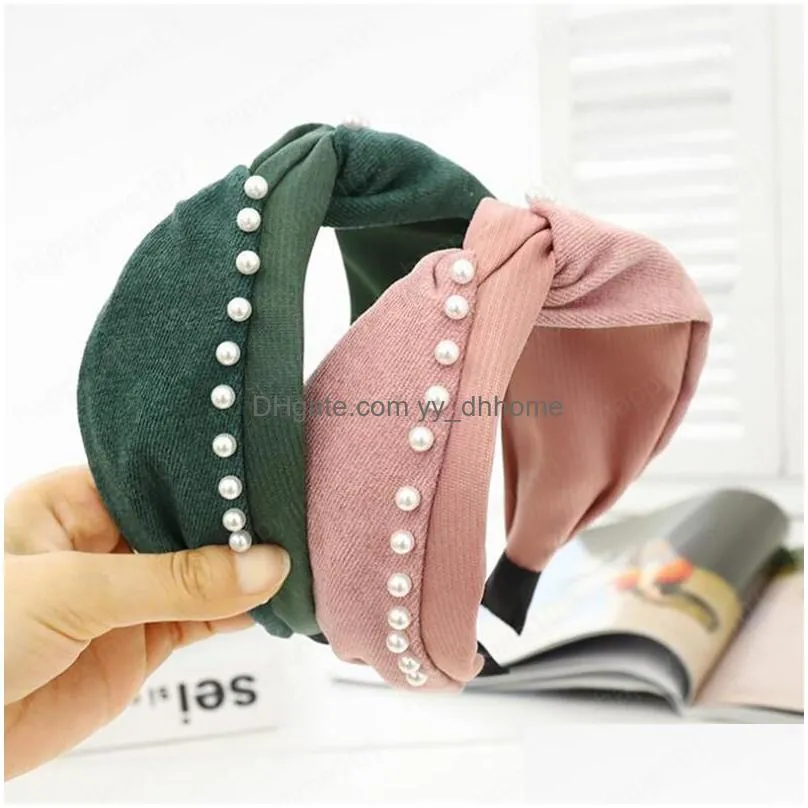 fashion women headband wide side pearls hairband cross knot casual soft turban girls classic hair accessories