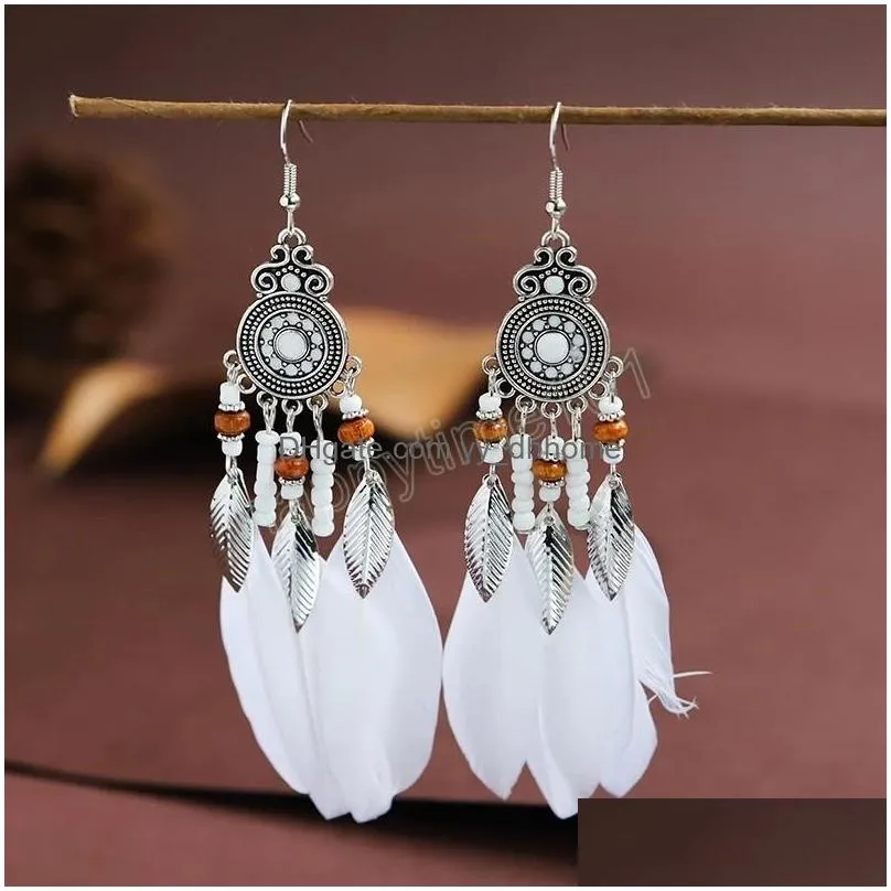 ethnic womens colorful pink feather dangle earrings bohemian boho jewelry silver color leaf earrings brincos bijoux