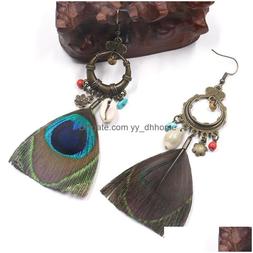 fashion ethnic earrings creative peacock feather earrings shell accessories bohemian jewelry wholesale