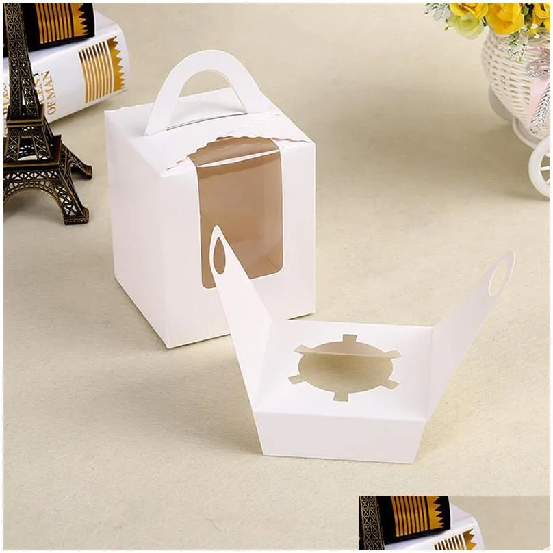 single cupcake boxes with clear window handle portable macaron box mousse cake snack boxes paper package box birthday party supply 103