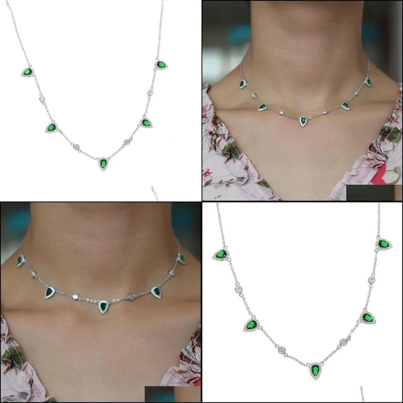 choker silver plated necklace fashion jewelry water drop charm green emerald clear cz stone paved gorgeous women