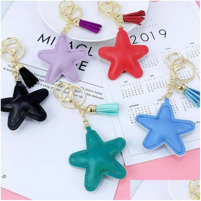 creative pu leather tassel key ring cute bag pendant fivepointed star car keychains fashion charm keychain