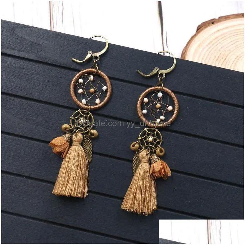 dream catcher long tassel earrings for women bohemian ethnic jewelry vintage brown fringe flower dangle hanging earrings