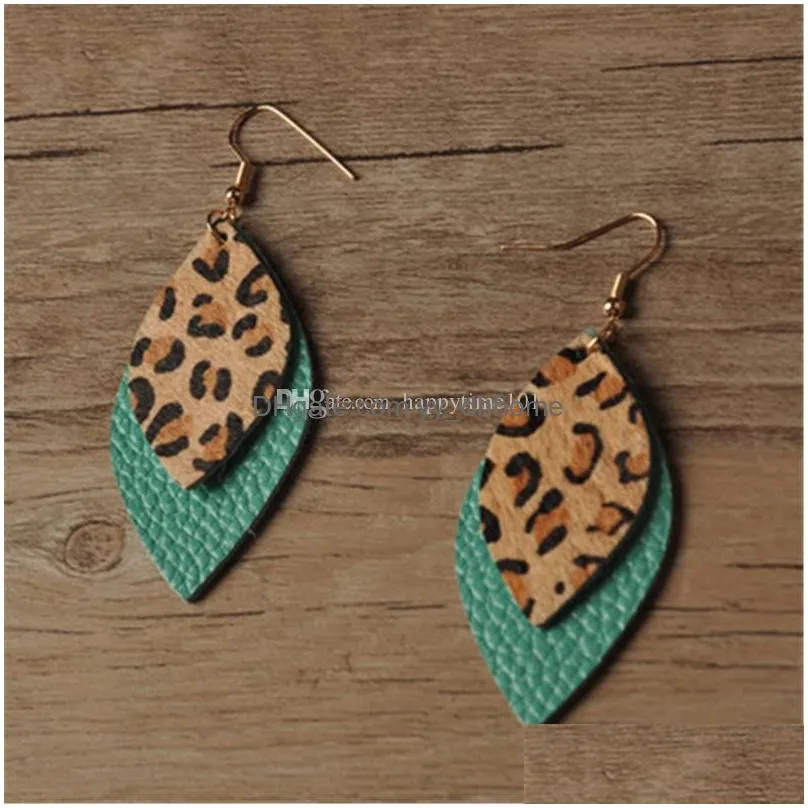 double layer leopard pattern drop earrings for women unique design teardrop shaped pu leather dangle earrings eardrop ear jewelry