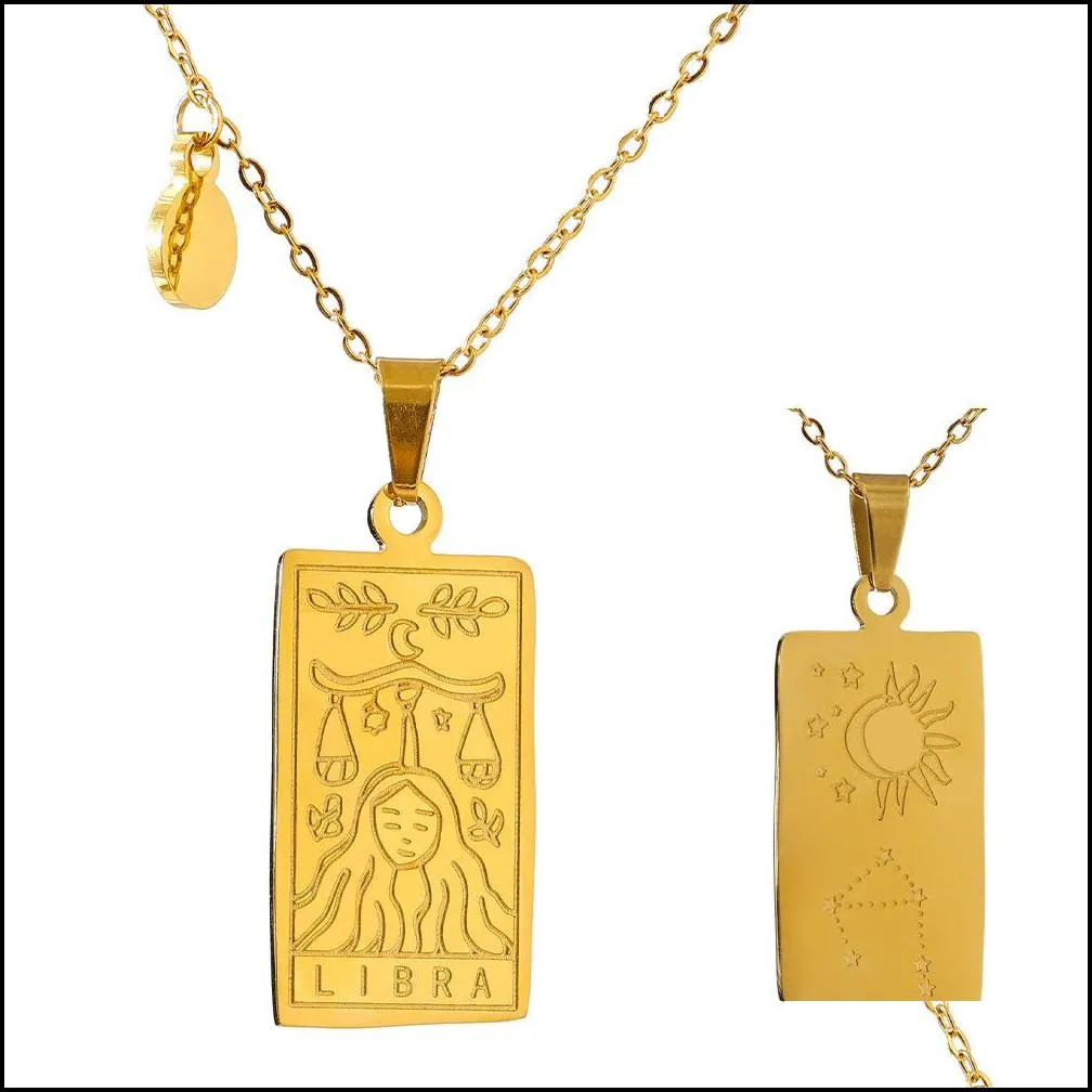 fashion jewelry 18k gold plated tarot card double side 12 zodiac pendant horoscope star necklace staineless steel constellation