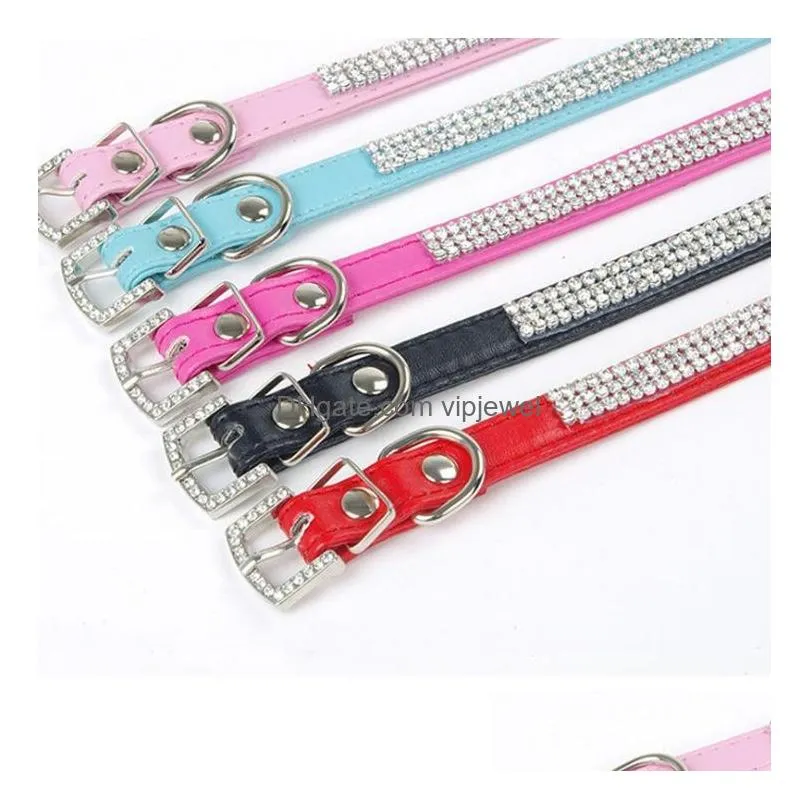 7 colors bling small dog collar pu leather rhinestone diamond pet puppy cat collar fashion necklace dog collars s m l size