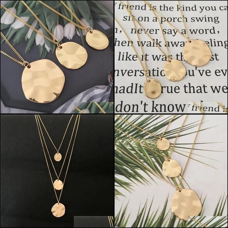 trendy gold color plating hammered effect round disc layered necklace for women bohemia elegant jewelry