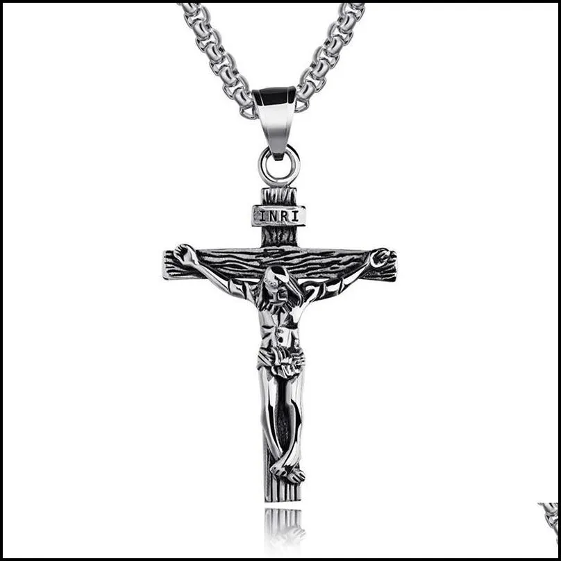 chains crucifix jesus christ men jewelry gold brown silver color stainless steel cross pendant with neck chain necklaces for man women