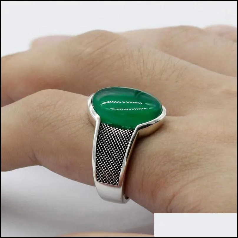 cluster rings sterling silver mens green agate ring large natural stone retro punk jewelry men