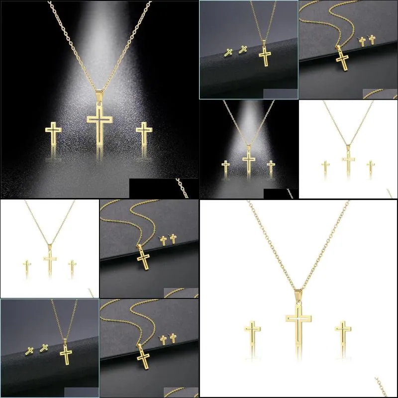 european and american stainless steel cross necklace earrings set for women