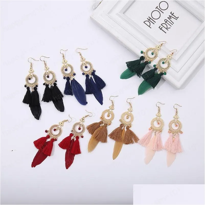 european and american simple rice beads tassel feather earrings female wild drip retro earrings small commodity wholesale
