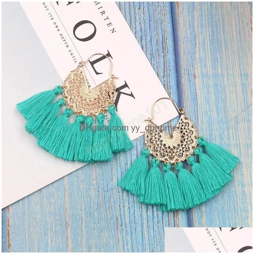 fashion womens tassel dangle earrings geometric woven pattern fanshaped alloy hollow pendant earrings boho ornament wedding jewelry