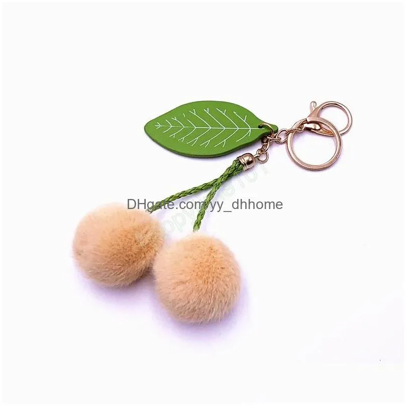 fashion cherry key chain fluffy artificial rabbit fur ball pompom leaf keychain charm handbag car key holder pendant gift 2022