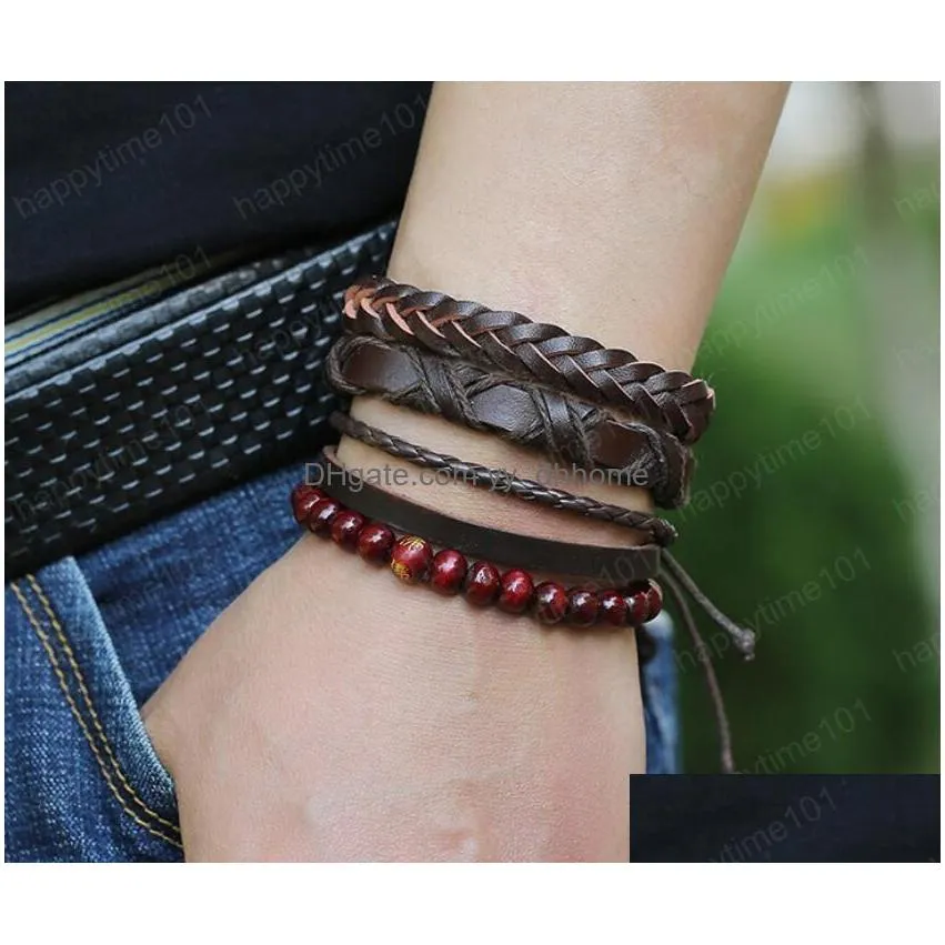 mans cowhide leather bracelet diy hand woven multilayer red wood bead combination suit bracelet size adjusted 4styles/1set